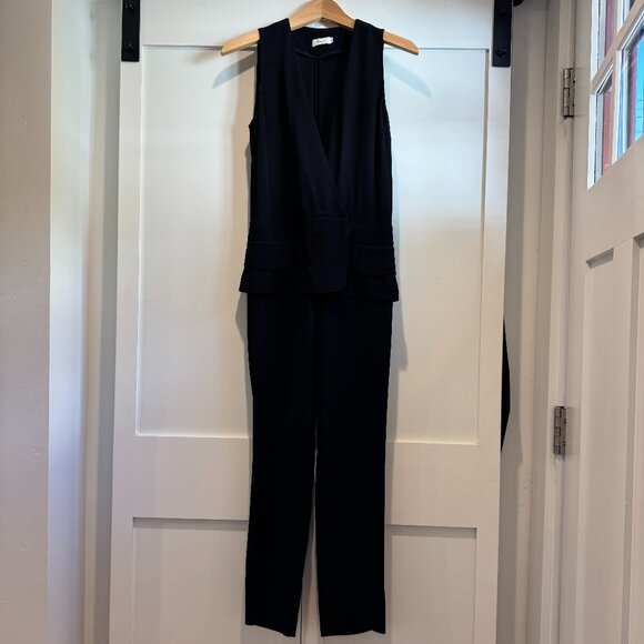 A.L.C. Black Crepe Sleeveless Deep V-Neck Tuxedo Jumpsuit Size 2 - Picture 3 of 9